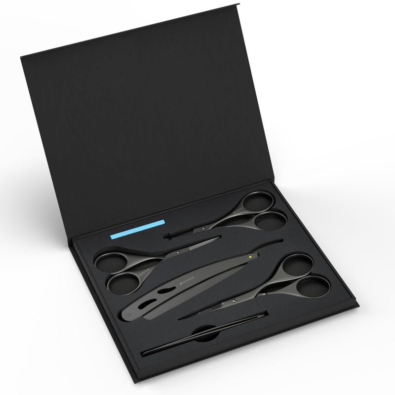Suvorna Premium Beard  Mustache Set with Beard scissors for men Straight Razor with blades Facial HairNoseEyebrow Scissors  Slant Tweezers 6 Pcs Black